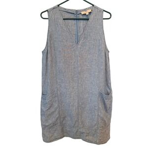 LOFT Light Blue 100% Linen Sleeveless V-Neck Shift Dress Pockets Size 14Tall